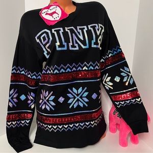 Victoria’s Secret PINK Logo XS S M L Sequin Long-sleeve Shirt Bling Christmas